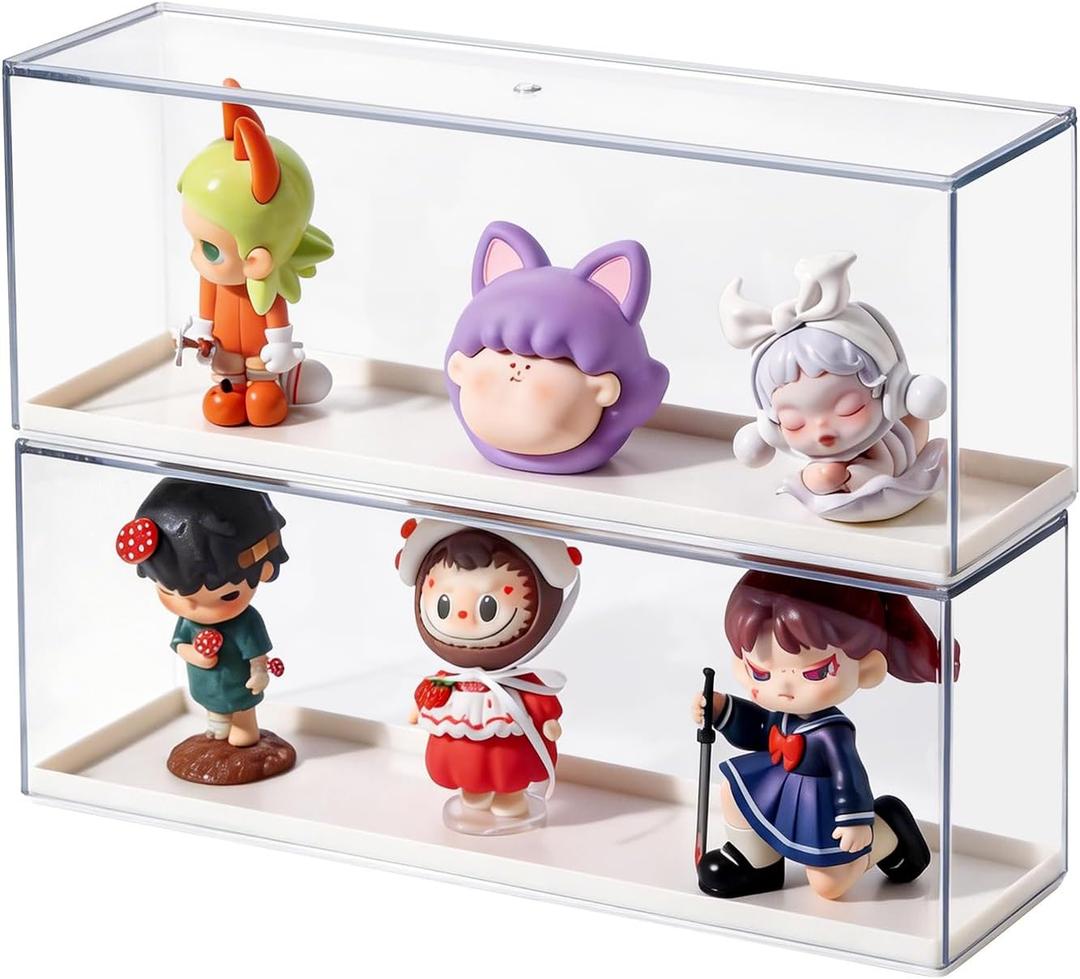 2 Pack Clear Acrylic Figures Display Case Stackable Box with Base, Dustproof Protector for Anime Figurine, Collectibles, Funko Pop, Model Cars - Home Office Display Showcase