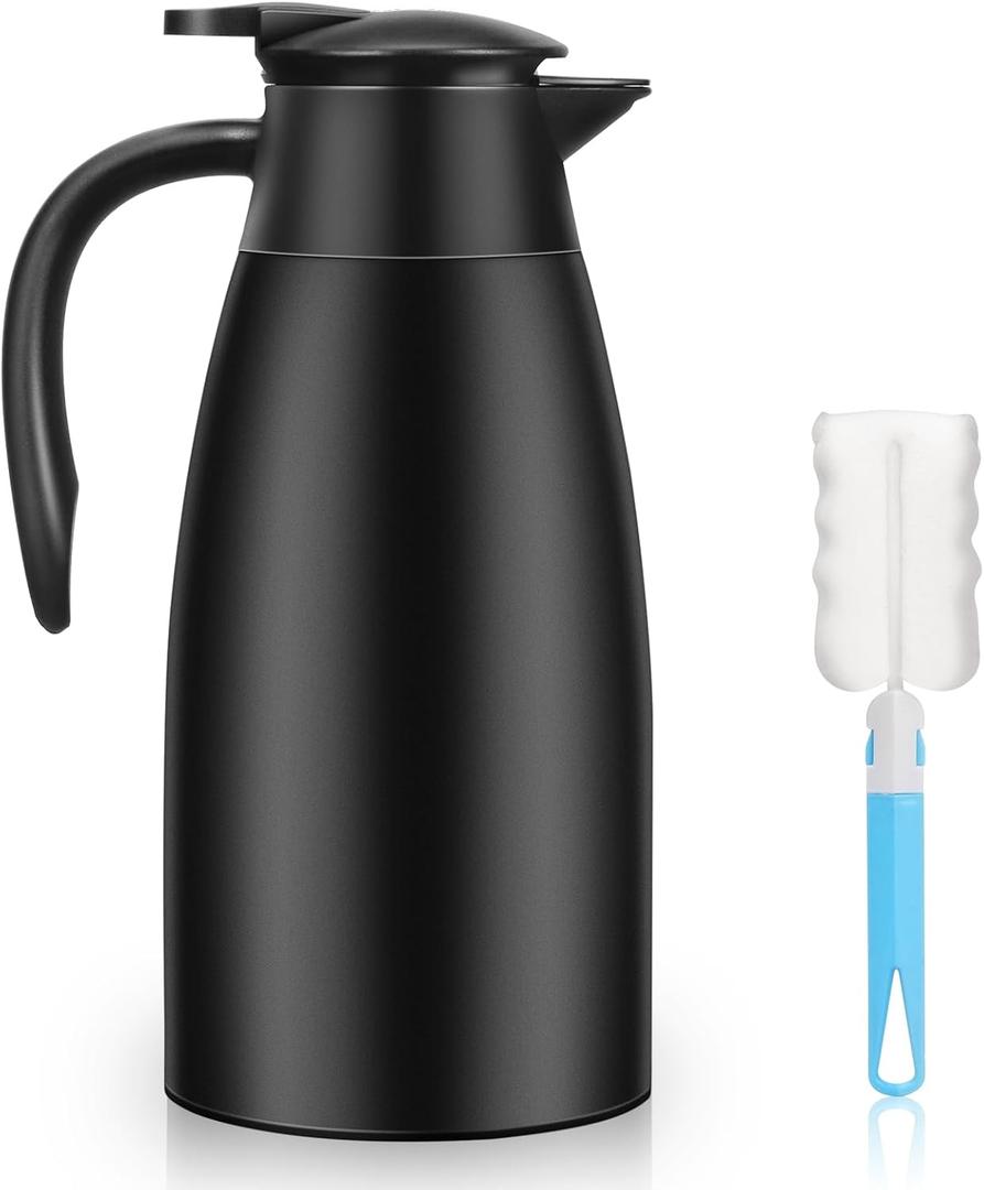 Essenya 1 PCS 68 OZ Thermal Coffee Carafe, Insulated Stainless Steel Coffee Carafe Double Walled Vacuum Thermal Pot Flask with Brushes for Keeping Hot Coffee Tea Home and Office (Black)
