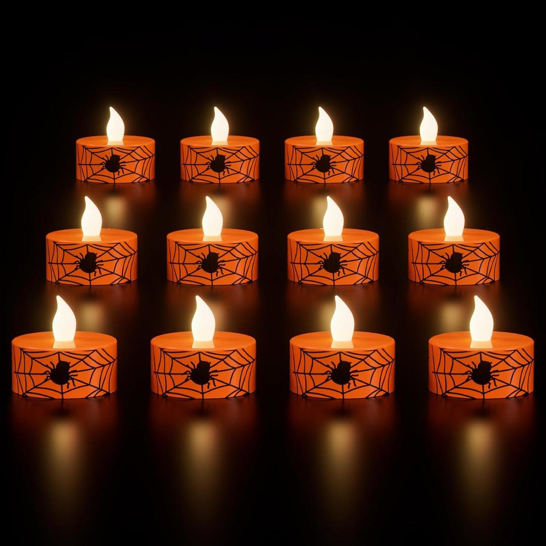 2 x Wondise Halloween Tea Lights 6H Timer Flameless Votive Candles Battery Operated Candles 12 Pack LED Candles Spider Web Tea Lights for Fall Indoor Halloween Decoration(1.5" D x 1.4" H)