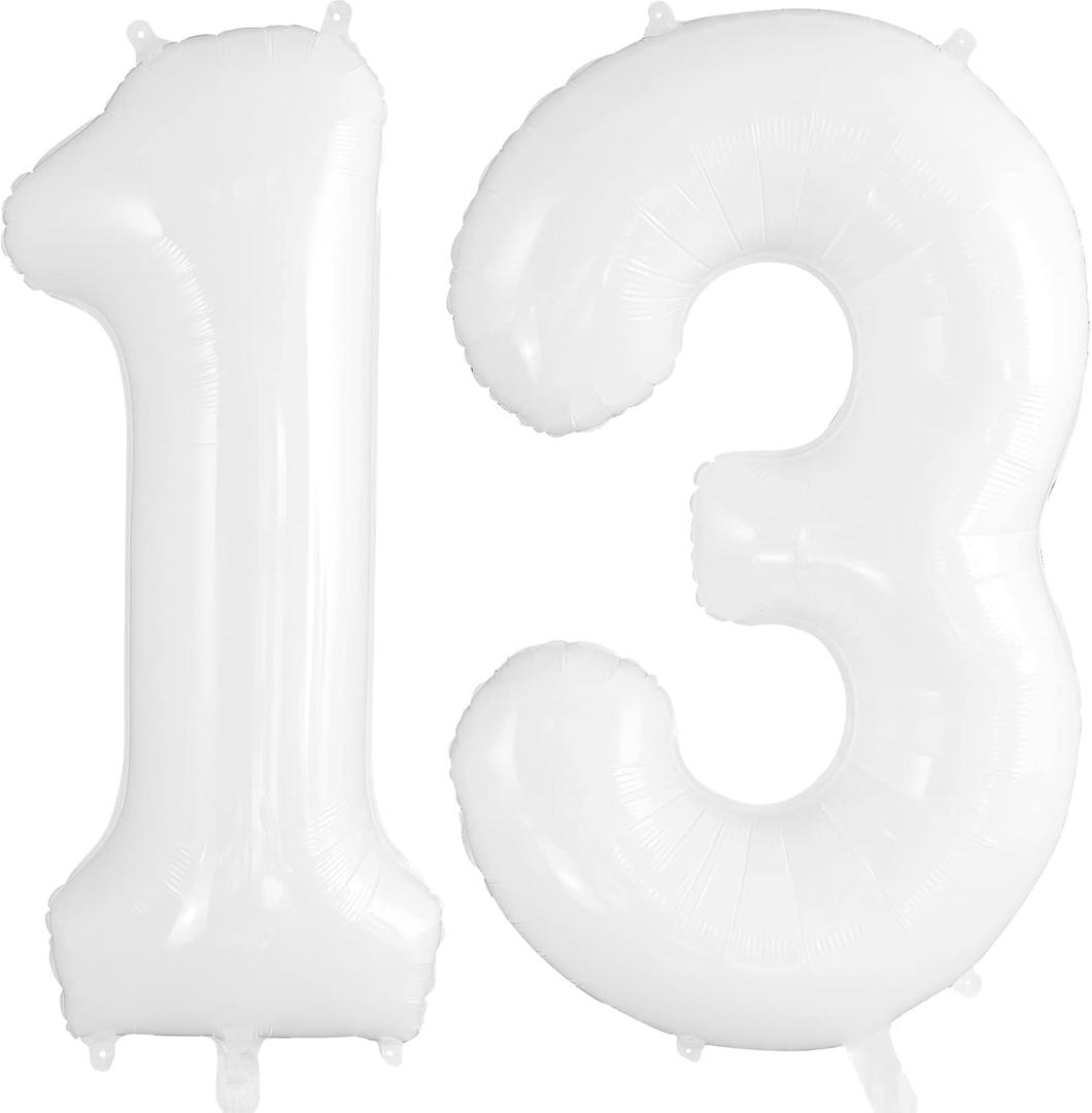 13 Balloon Numbers, Large 13 or 31 Foil Balloons, Big Number Balloon 40 Inch for 13th Birthday Anniversary Event Celebration Party Decorations White
