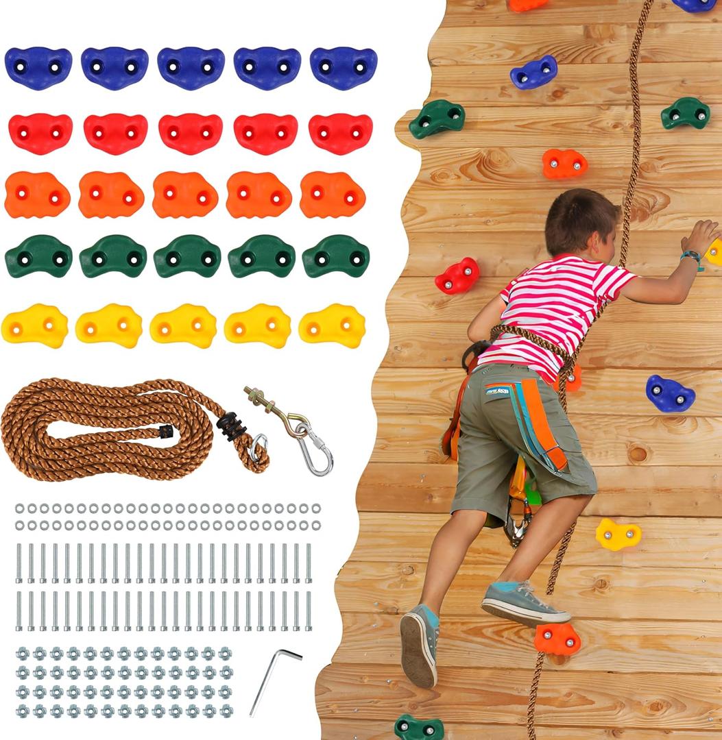 FRUITEAM 25 Rock Climbing Wall Holds for Kids Adults,Indoor and Outdoor Playground Rock Wall Climbing Kit,Knotted Climbing Rope,Colourful Climbing Rock Wall Grips for Kids
