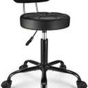 PU Leather Rolling Stool with Back Support Height Adjustable Swivel Stool Chair with Wheels Drafting Chair for Spa Slaon Massage Stable Base Foot Black
