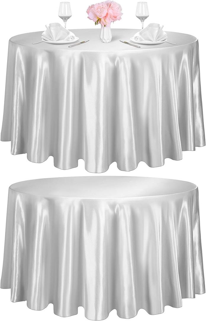 TURSTIN 2 Pieces Round Satin Tablecloth 120 Inches Overlay Table Cover Smooth Fabric Table Decor Bright Silk Tablecloth for Holiday Dinner Wedding Banquet Table Decoration (Light Silver)