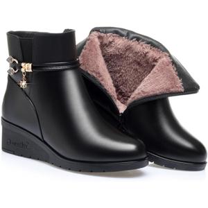 Women's Black Wedge Heel Ankle Booties Soft Leather Platform Side Zipper Sparkling Rhinestones Winter Warm Fur Lined Thickening Snow Boot (10)