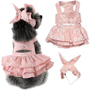 Clothes for Small Dogs Jacquard Floral Ruffle Comfortable Pet Outfit Dog Girl Clothes with Matching Hat, (Pink,Small)