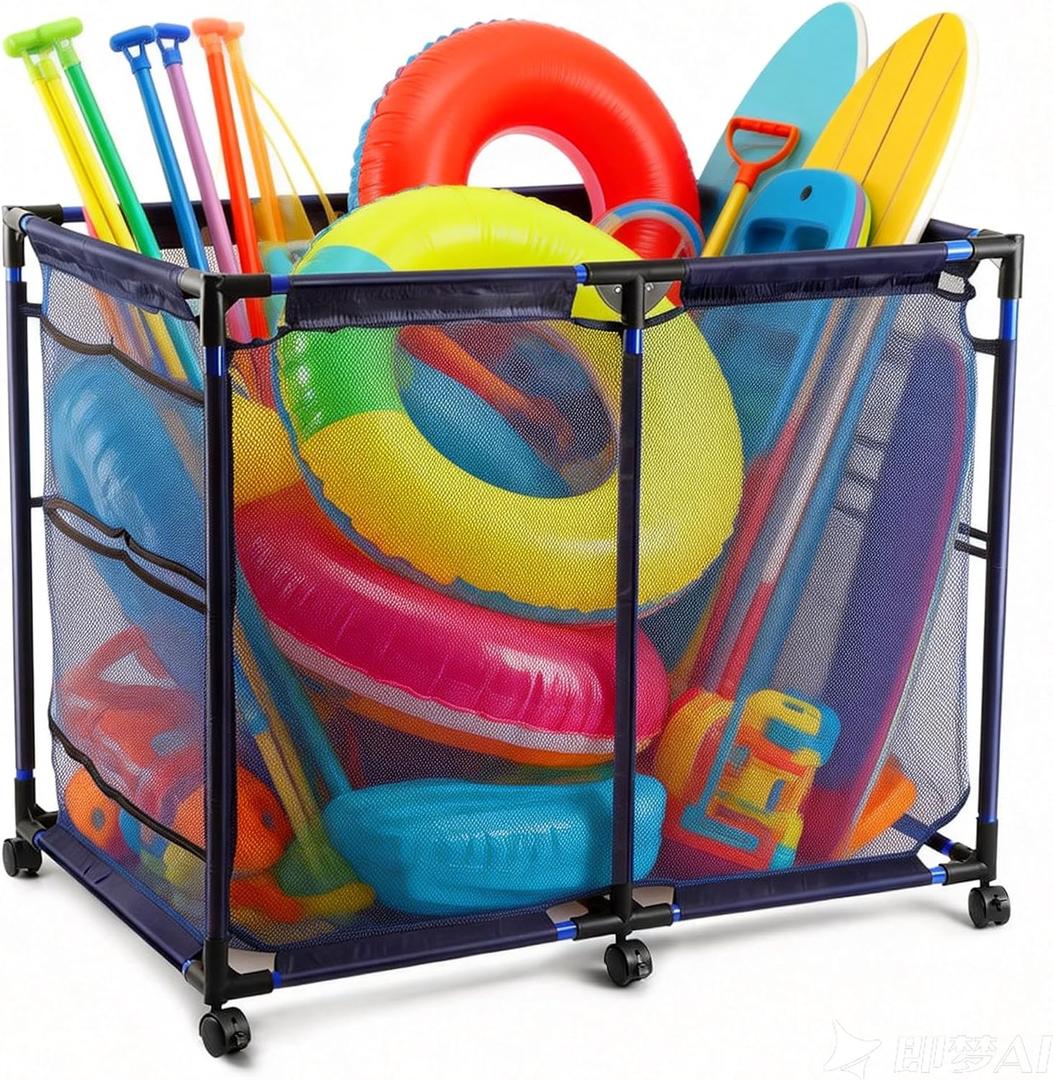 Pool Storage Cart Organizer with Nylon Mesh Basket, Rolling Storage Bin for Pool Accessories and Beach Towels Large Capacity, 2 Grids, 50" L x 30" W x 34" H, Blue