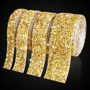 4 Rolls Gold Rhinestone Ribbon - Self Adhesive Crystal Bling Ribbon, Gold Rhinestones for Crafts, Diamond Roll Gold Bling Wrap Rhinestone Tape for Clothes, Cake, Phone, Birthday, Wedding Decor, DIY