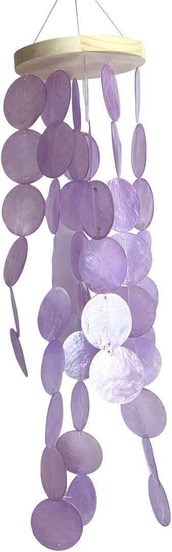 60cm Sea Glass Wind Chime, Capiz Shell Garden Decor Wind Chime for Outdoor Gifts for Women Mom Grandma, Beach Garden Indoor Outdoor Decor (Purple)