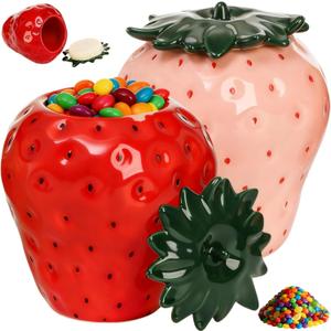 Tlence 2 Pack Strawberry Storage Jars, 14 OZ Ceramic Cookie Containers with Airtight Lids, Cute Sugar Canisters Set, Candy and Coffee Bean Jar for Flour Nut Tea Spices Grains, Kitchen Farmhouse Decor