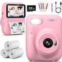 Kids Camera Instant Print -Toddler Portable Travel Print Digital Photo Camera Toy, Holiday Birthday Graduation Gift for Kid 3-12 Year Old, Photomaker Kit for 4 5 6 7 8 9 10 Boys Girls（Pink）