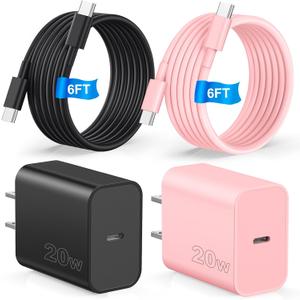Compatible with iPhone 17 16 Charger Fast Charging,2 Pack USB C Charger Block,Type C Chagers with 6ft USB C Cable Compatible with iPhone 16/15/ Pro Max/Pro/Plus/Pad,Galay S25/S24/Plus/Ultra,Black/Pink