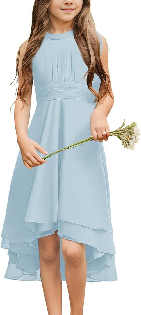 Chiffon Flowy Dresses Flower Girls Asymmetrical with Ruffles Sleveless Swing Party Gowns A-Line Dress, Size: 9-10 Years