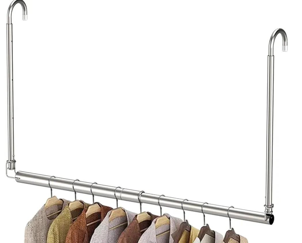 Hanging Closet Rod, Adjustable Height & Width Closet Rods for Hanging ClothesCloset Extender Hanging Rod SpaceMaximizing Design Suitable for Hanging and Drying Clothes, Silver