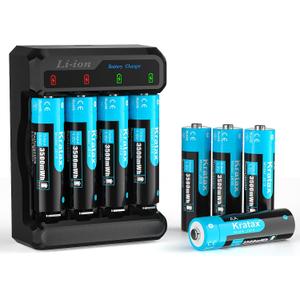Kratax 1.5V Rechargeable AA Batteries 8 Count 3500mWh AA Rechargeable Lithium Batteries with 2.5h Voice Battery Charger, Long lasting and Constant Voltage Output for Controllers, Toys, Remote Controls