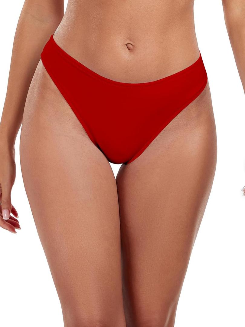 Colloyes Women's Swim Bottoms High Cut Mid Waisted Bikini Bottoms Moderate Coverage Bathing Suit Bottoms (Medium, Red)