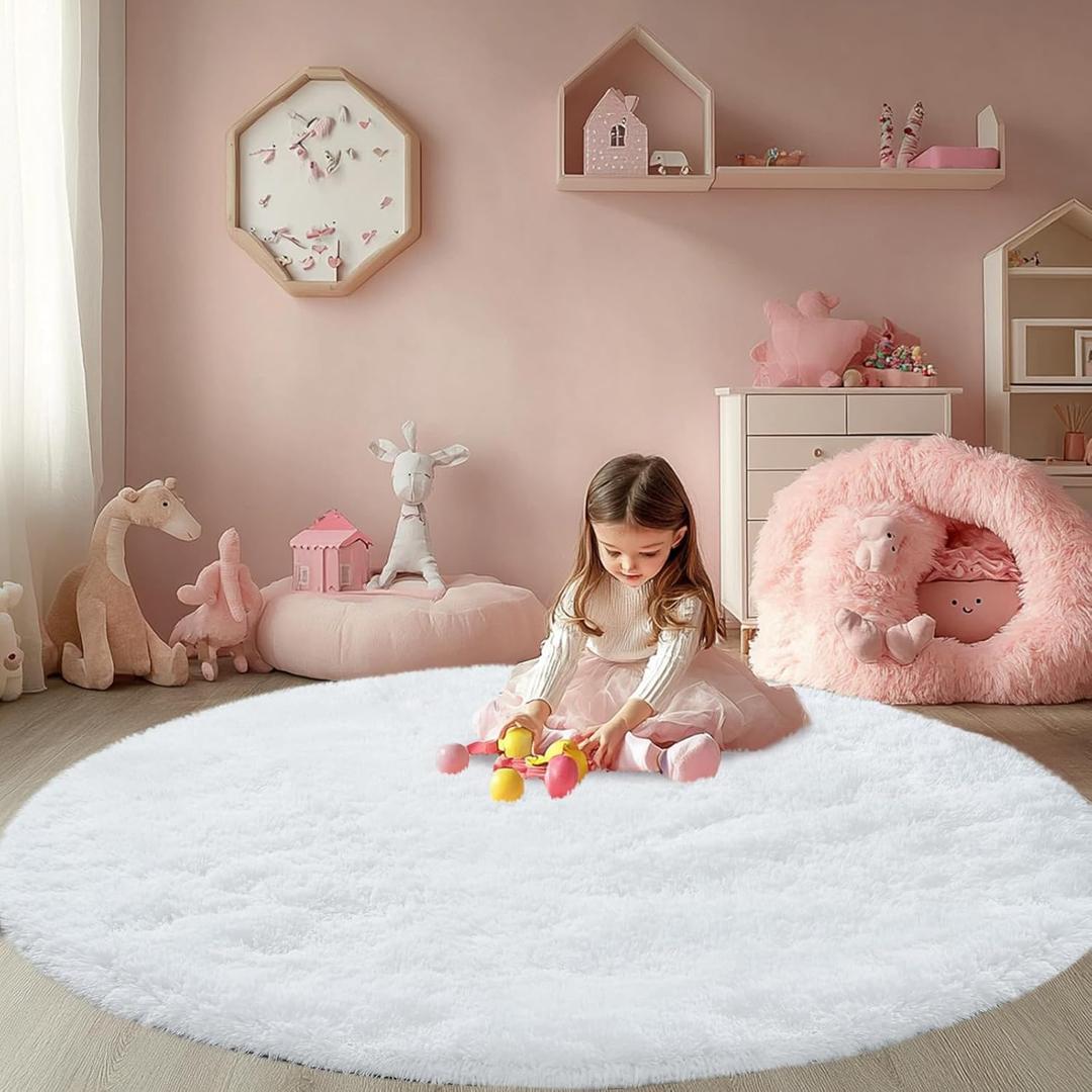 Round Rugs for Bedroom White :  44x46Inc Fluffy Circle Area Rug for Kids Room- Furry Fuzzy Carpet for Girls Room- Soft Plush Rug for Dorm, Baby Rug