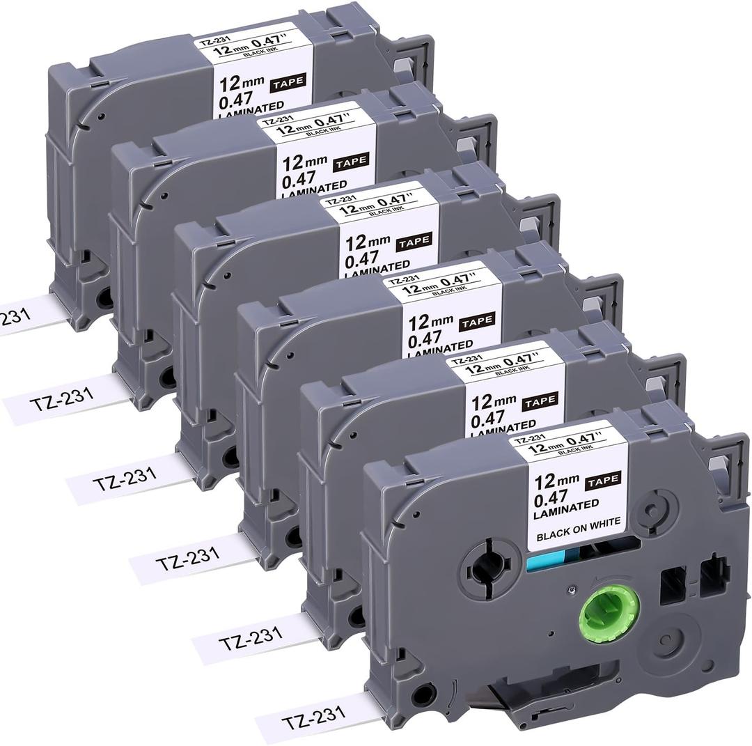 TZE-231 Compatible Label Tape Replacement for Brother TZe-231 TZ-231, Black on White, Compatible for P Touch PT-D200 PT-D210 PTH100 PT-D400, 0.47" x 26.2'(12mm x 8m), 6 Packs