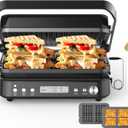 CATTLEMAN Panini Grill Press Sandwich Maker with Removable Plates, 1600W, 6 in 1 Waffle Maker & Electric Indoor Grill with Meat Thermometer, PFAS Free Ceramic Nonstick Reversible Plates, Opens Flat