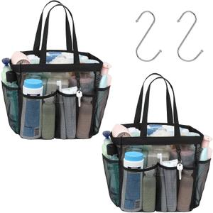 F-color Mesh Shower Caddy Portable, X Large 7 Deeper Pockets Shower Bag Basket Tote for College Dorm Room Bathroom Essentials Gym Camp Quick Dry 2 handles with S Hook, 2 Pack Black