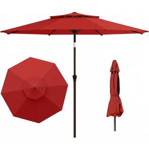 10 FT Outdoor Patio Umbrella, 2 Tiers Market Table Umbrella with 8 Sturdy Ribs, Push Button Tilt and Crank, UPF50+ UV Protection for Deck, Pool, Garden and Backyard, Red