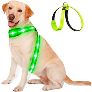 LED Light Up Dog Vest Harness Rechargeable, Soft Padded, Adjustable & Reflective Lighted Dog Harness Waterproof, Glow Dark Dog Light Harness for Camping Night Safety Walking, Medium Green (M Neck+Chest119cm(47"))