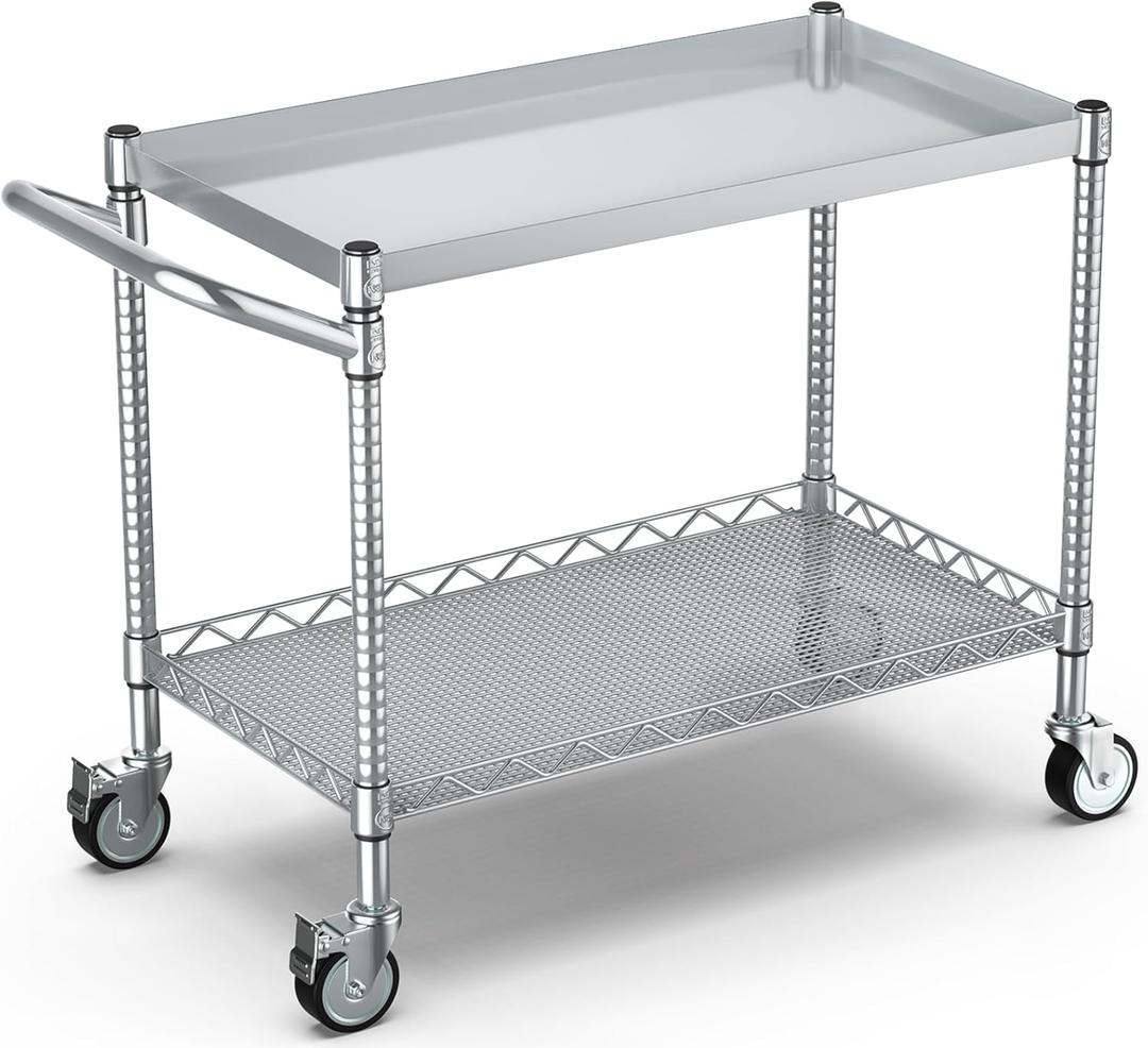 Leteuke 2 Tier Utility Tool Cart with Wheels, Heavy Duty Rolling Utility Carts with Handle, Commercial Grade Metal Serving Storage Cart for Warehouse Garage Kitchen, 25" D x 38.98" W x 40" H-Silver
