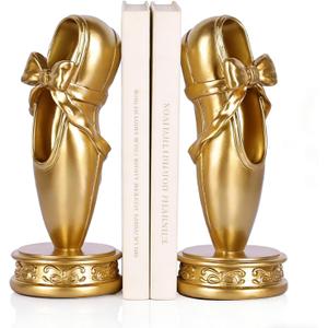 Bookends for Shelves, Gold Ballet Slipper Decorative Bookends- Anti-Slip Pad, Resin Vintage Heavy Book Ends for Shelves, Home OfficeGirls Room Decor, for Lovers Dancers