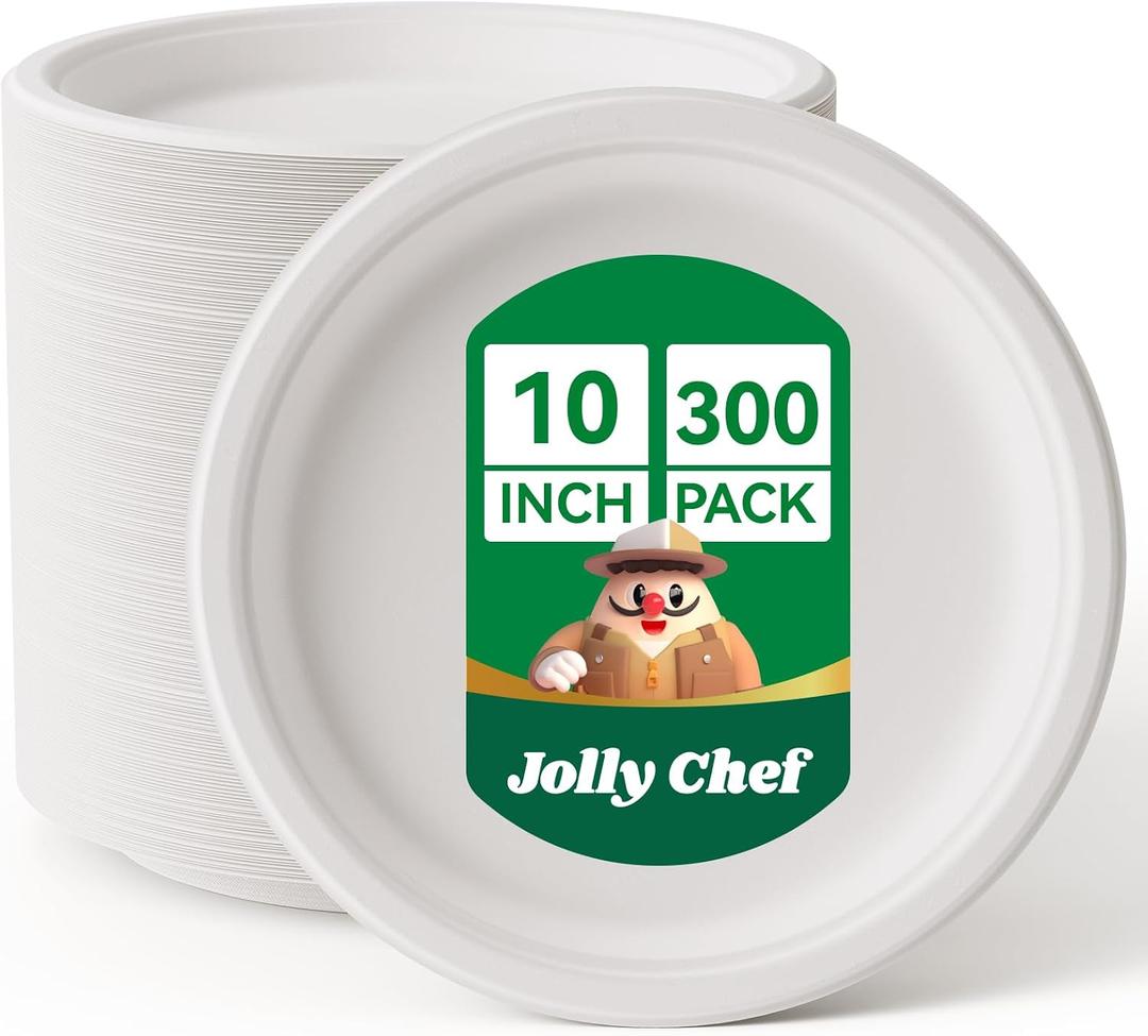JOLLY CHEF Compostable Heavy Duty Plates [ ] Eco-Friendly Disposable White Uncoated Paper Plates Bagasse Sugarcane Biodegradable for Hot Cold Food Party Dinner Weddings, 300 Count