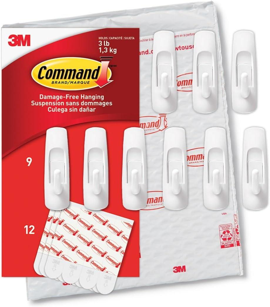 Command Medium Utility Hooks, 9 Wall Hook and 12 Strips, Damage-Free Hanging with Adhesive, No Tools Great for Hanging, Organization and Storage, Holds up to 3 lb