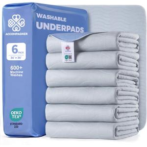 Accompagner Incontinence Bed Pads Washable Waterproof, Ultra-Absorbent Reusable Underpads for Diaper Changing, Nursing, Bedridden, Adults, Seniors, Kids and Dogs (Pearl Gray, 36"x36"(Pack of 6))