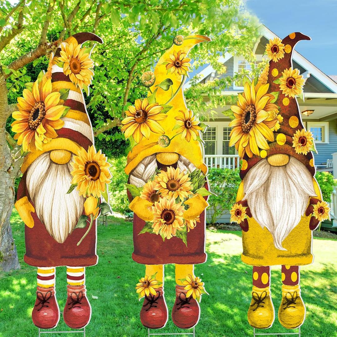 Beeveer 3 Pcs Summer Sunflower Gnome Yard Signs with Stake 32" x 10" Sunflower Gnome Outdoor Lawn Decorations Waterproof Welcome Summer Party Yard Signs for Home Garden Outdoor Pathway Supplies