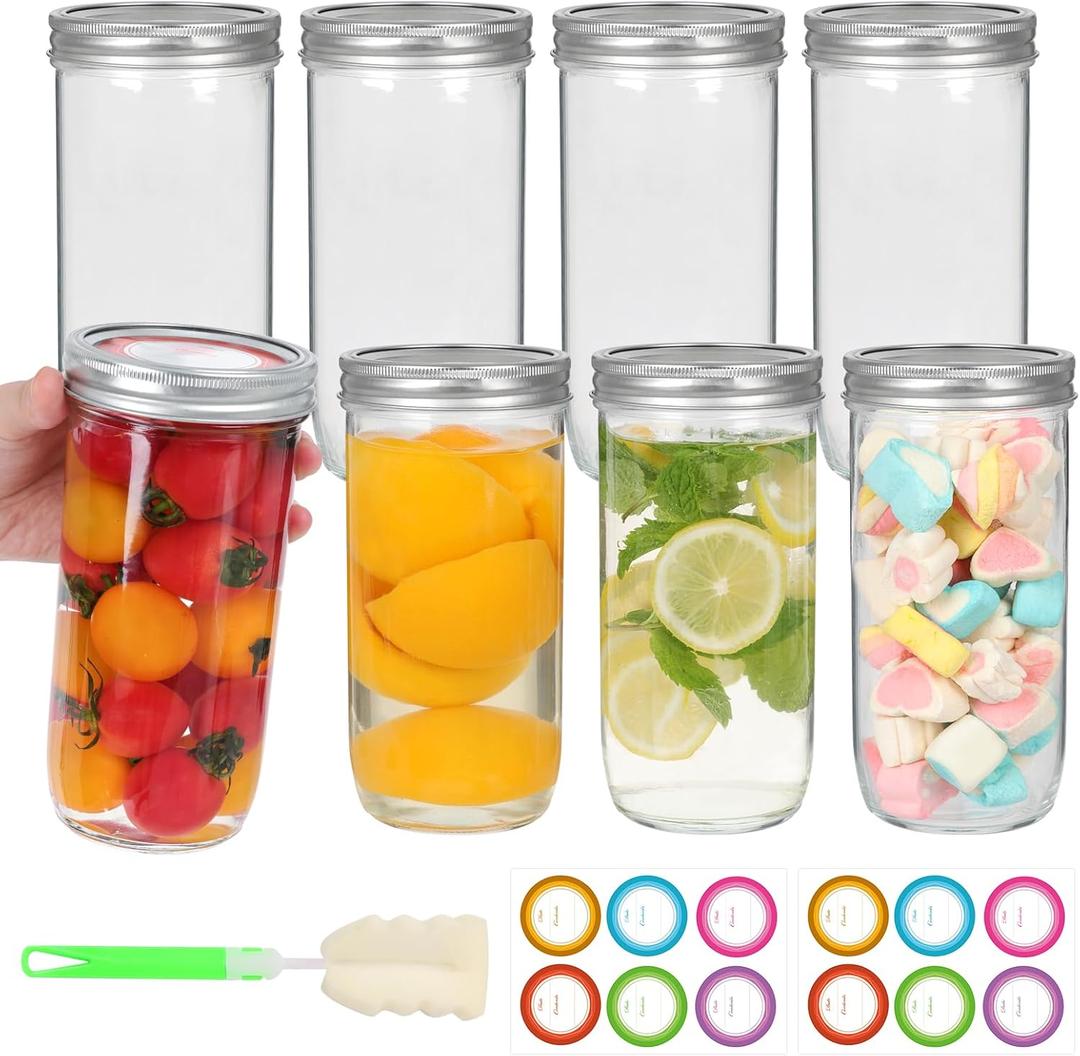24 oz Wide Mouth Mason Jars 8 Pack, Glass Tall Mason Jars with Airtight Lids and Bands for Canning, Preserving, Fermenting, Pickling, DIY Projects