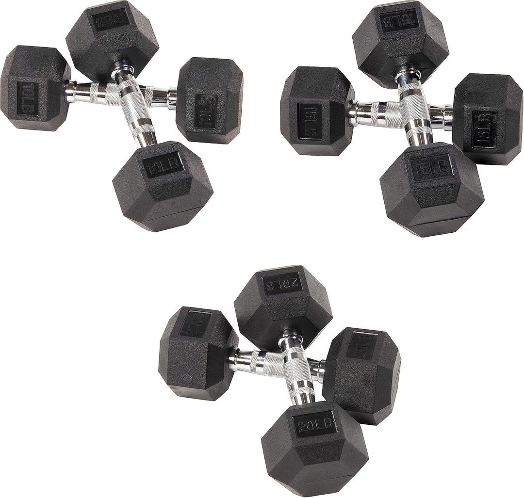 Rubber Encased Hex Dumbbell, Set Including 10, 15, 20LB Pairs