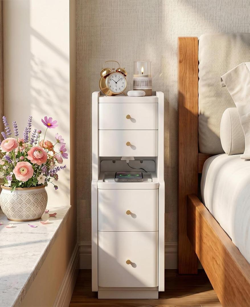 Narrow Nightstand with 4 Drawers, Solid Wood Narrow End Table, Modern Skinny Nightstand with 1 Semi-Open Shelf, Thin Couch Side End Table Night Stand with Drawers, 15.7"D x 7.9"W x 23.6"H