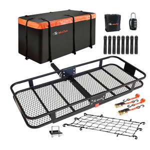 Hitch Mount Cargo Carrier Basket 60"*25"*6"+Waterproof Bag 25 Cubic Feet(60"*24"*31"),and Cargo Net with Attachment Hooks,Ratchet Straps,Hitch Stabilizer.500 Lbs Capacity,Foldable,fit 2" Receiver(heavy metal frame of the basket is bent and the mesh i