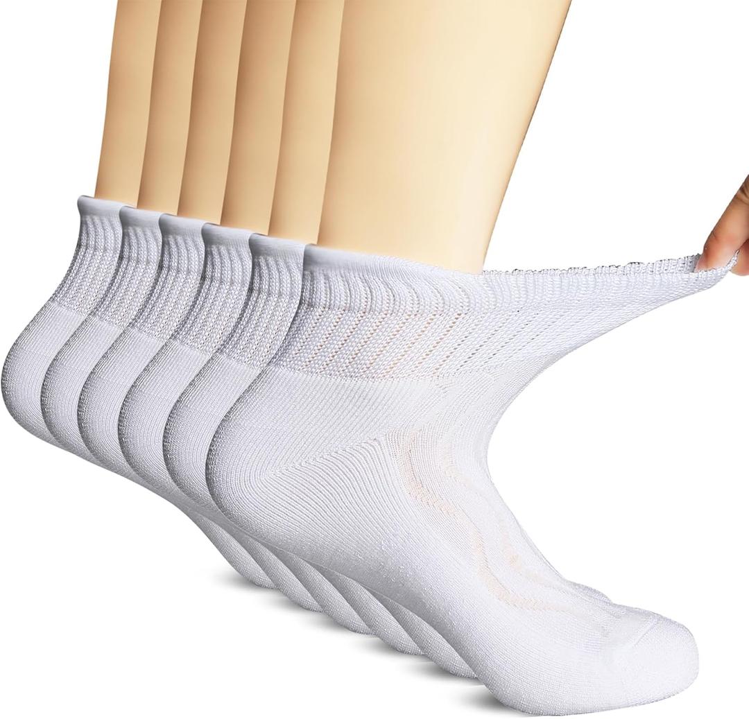 +MD Bamboo Viscose Ankle Diabetic Socks for Men & Women, 6 Pairs, Soft Cushioned, Non-Binding Loose Top, Extra Wide 9-11 White