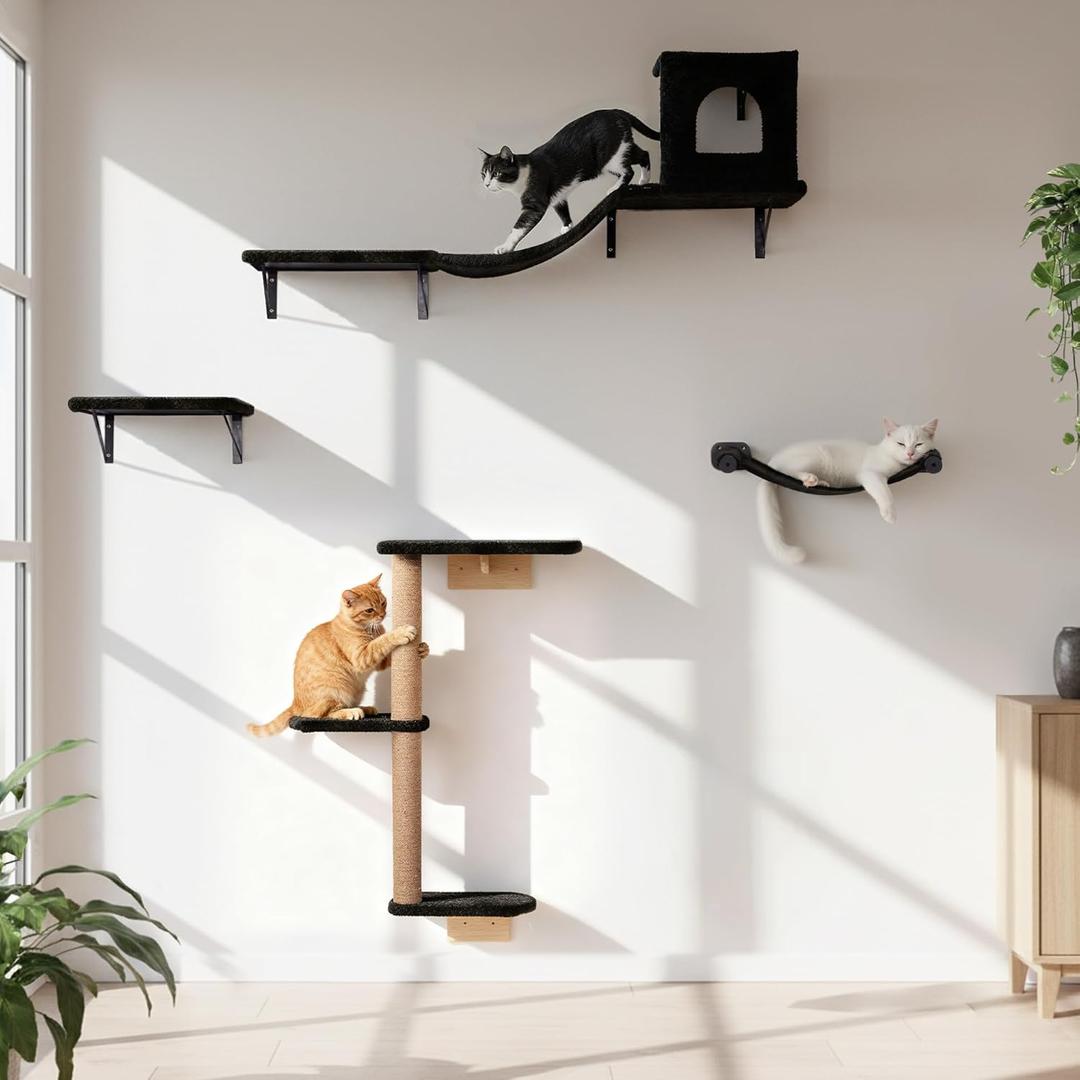 Wall Mounted Cat Furniture Set of 4 – 4 in 1 Cat Wall Shelves with Hammock, Bridge, Climbing Tree & Perch – Shelves for Large Cats, Holds Up to 30 lbs, Indoor Playground