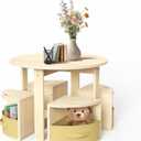 Toddler Table and Chair Set with 3 Storage Stools, Round Shaped Nesting Design, Kids Activity Table for Play/Art/Reading/Craft, Natural