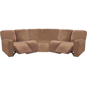 ULTICOR 7-Piece Sectional Recliner Sofa Covers, Velvet Stretch Reclining Couch Covers for Reclining l shape Sofa, Thick, Soft, Washable (Sand, [l shape] 5 Seat Recliner Cover)