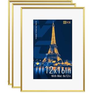 VCK 12x16 Picture Frame Gold 3 Pack, High-End Aluminum Metal Poster Frame with Tempered Glass, Display Photo 8.5x11 with Mat or 12 x 16 Without, for Home, Office, Studio and Gallery, Wall Hanging