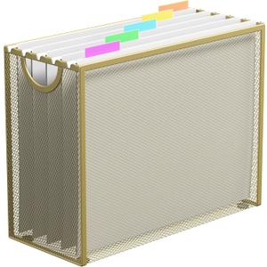 Hanging File Organizer, Letter-Size File Holder Filing Box with 5 Hanging Folders, Metal Mesh Desk File Folder Storage(No Assembly Required) (Gold)