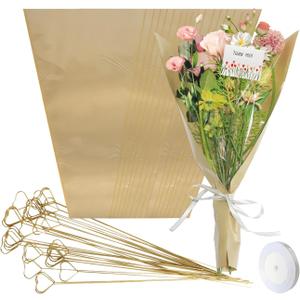 Buxiffod 50PCS Flower Bouquet Wrapping Paper with Ribbons and Card Clips 22" x 14.2" Kraft Flower Sleeves for DIY Flower Gifts Weddings and Mothers Day