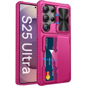 Vihibii for Samsung Galaxy S25 Ultra Wallet Case with Card Holder (4 Cards), [RFID Blocking] & Slide Camera Cover & Raise Screen Edges, Hard Back Phone Cover for Samsung Galaxy S25 Ultra, Hot Pink