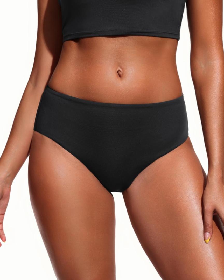 Tempt Me Women Mid Rise Bikini Bottoms - Full Coverage Bathing Suit Bottoms Mid Waist Swim Bottoms 2025 (Black)