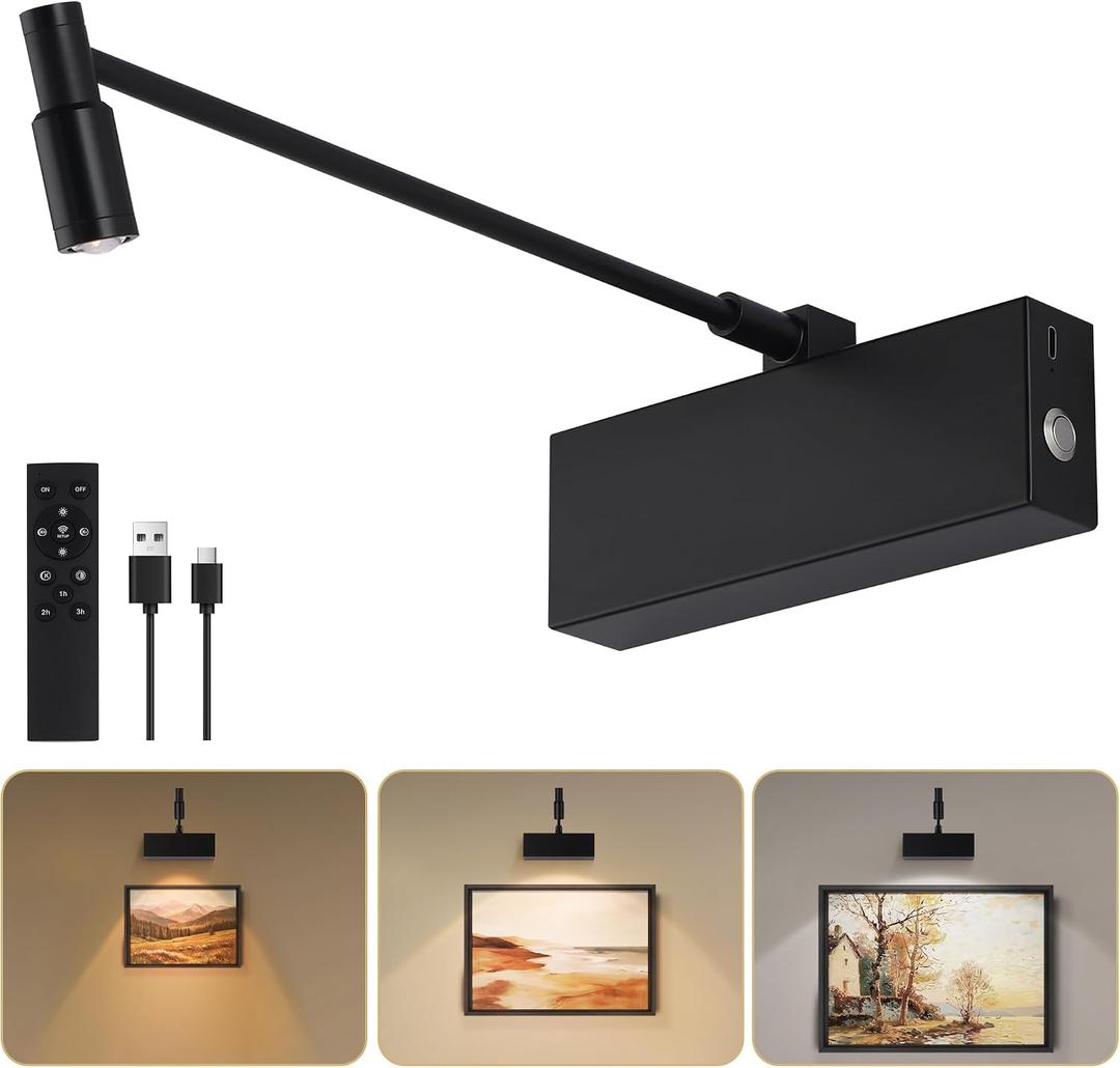 Wireless Picture Light for Wall with Adjustable Beam Angle, 8000mAh Rechargeable Art Light for Painting with Remote, Dimmable and Zoomable Picture Frame Spotlight for Gallery (Black)