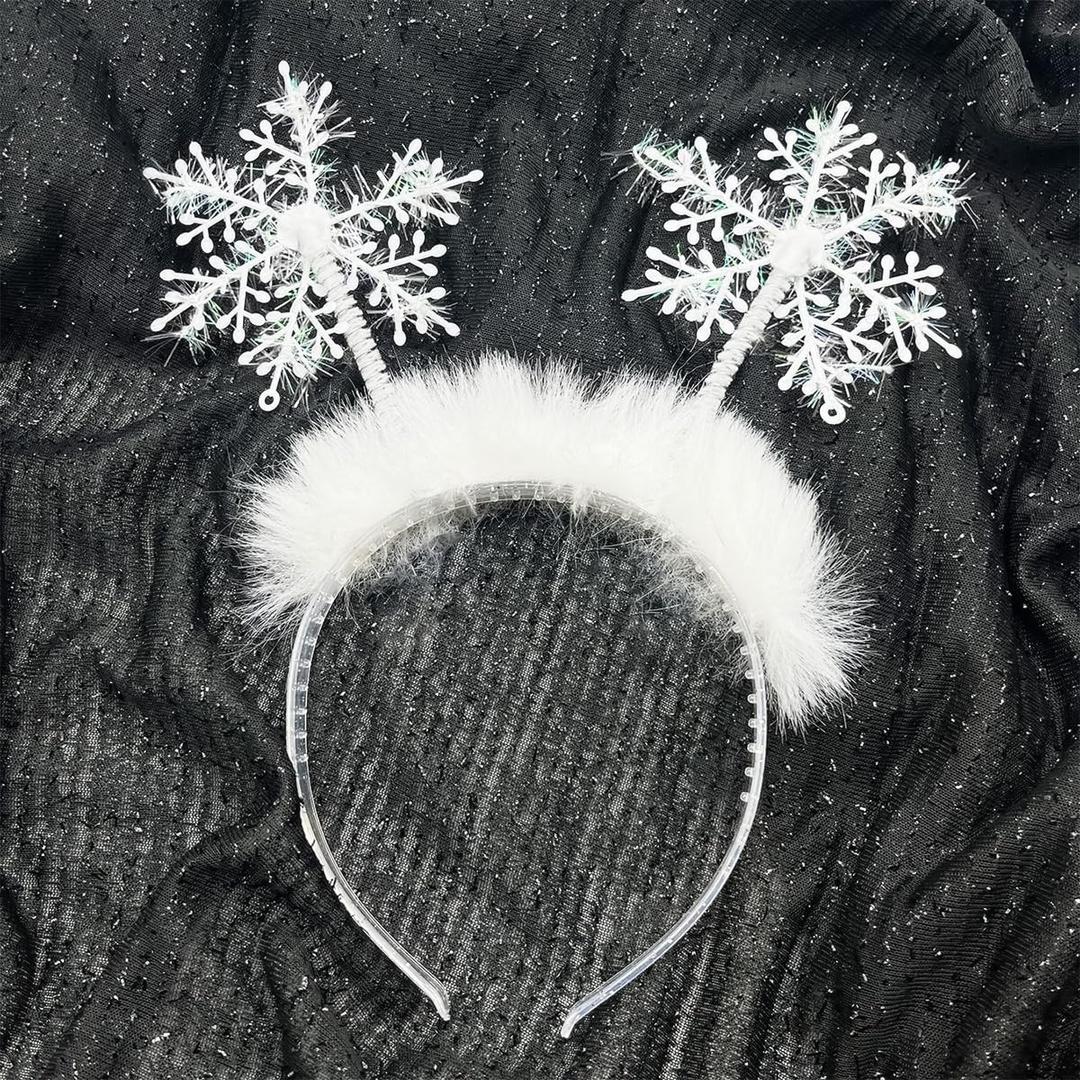 Doneace Snowflake Head Boppers Christmas Headband For Girls Women Glitter Hair Band Winter White Feather Hair Hoop Holiday Party Tiara Headpiece For Xmas Decoration Party Supplies Gift