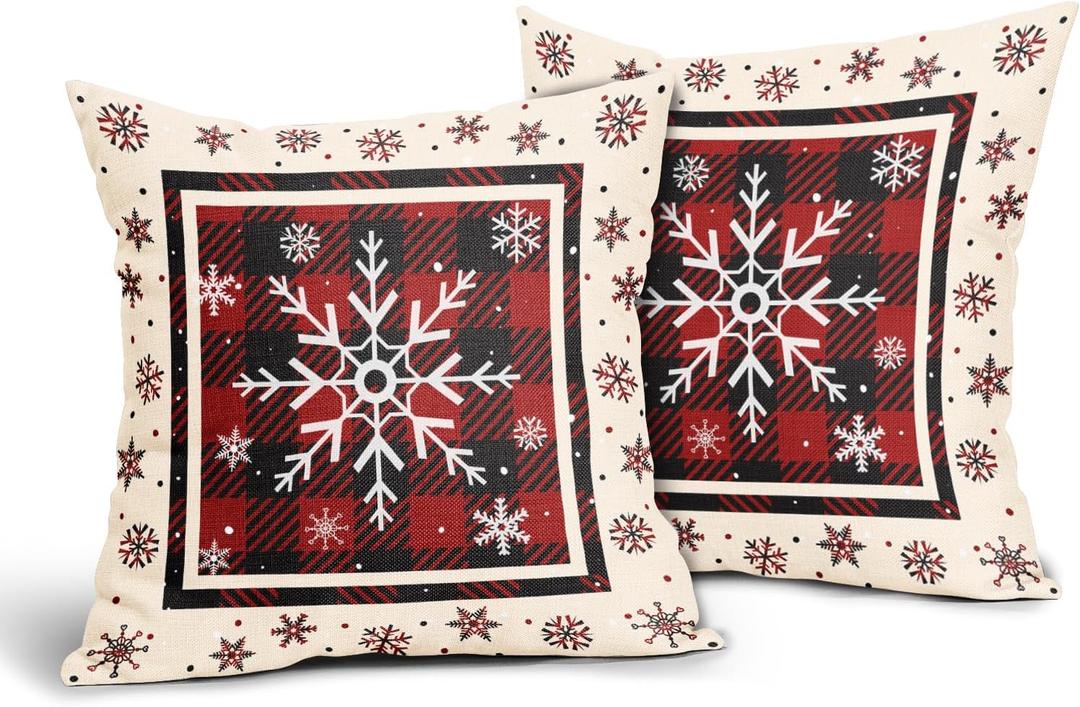 Winter Snowflakes Pillow Covers Set of 2 18x18in Christmas Red Black Buffalo Plaids Cotton Linen Throw Pillowcases Holiday Indoor Outdoor Sofa Couch Square Cuchion Covers Decor