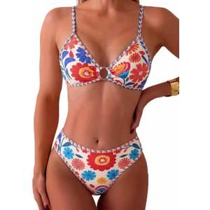 Tainehs Women's Two Piece Bikini Sets O Ring Front Top Ditsy Floral Triangle Swimsuits Cheeky Bathing Suit, Small