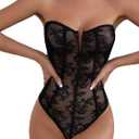 WDIRARA Women's Floral Lace Strapless Mesh Lingerie Bodysuit Hollow Out Teddies Bodysuit (Large, Black)