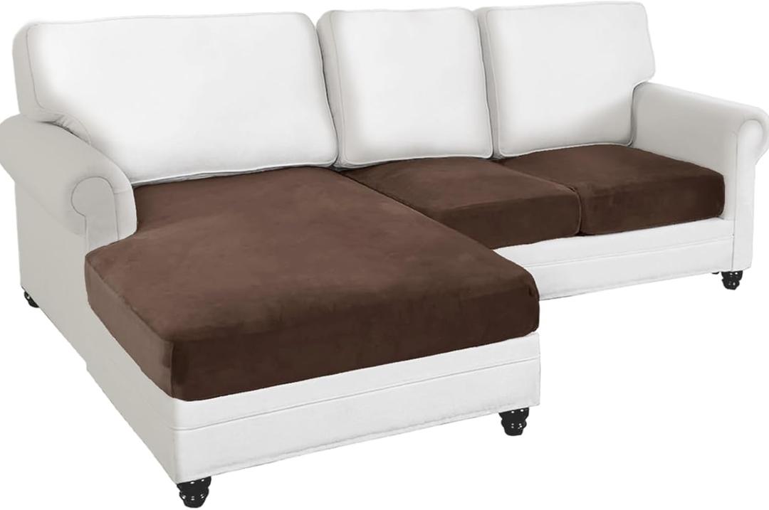 Sectional Couch Cushion Covers 3 Pieces Velvet Separate L Shape Couch Cover Stretch Sofa Slipcover Washable (2 Seater+1 Chaise,Brown)
